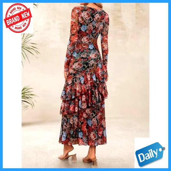 Floral Mermaid Maxi Dress Long Sleeve Mesh Bodycon Formal Wedding Guest - Picture 5 of 7